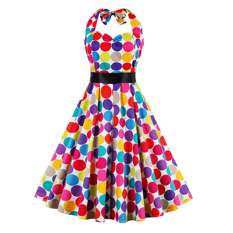 New Fashion Colorful Polka Dots Print Cocktail Swing Dresses