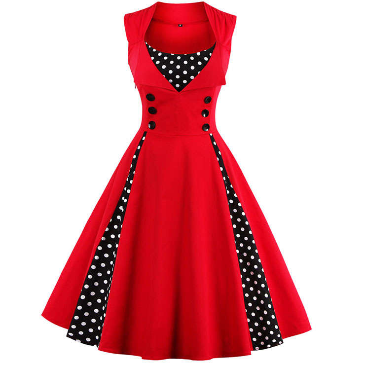Vintage Rockabilly Polka Dot Print Sleeveless Casual Cocktail Party Christmas Dress