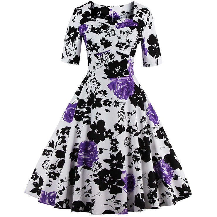 1950's Vintage Floral Short Sleeves Casual Cocktail Party Dress