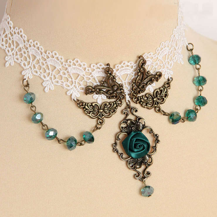 Vintage Gothic Victorian White Lace Crystal Chocker Necklace