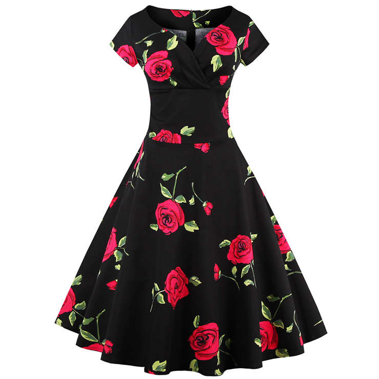 Vintage Black Short Sleeves Floral Print Rockabilly Ball Cocktail Party Casual Swing Dress