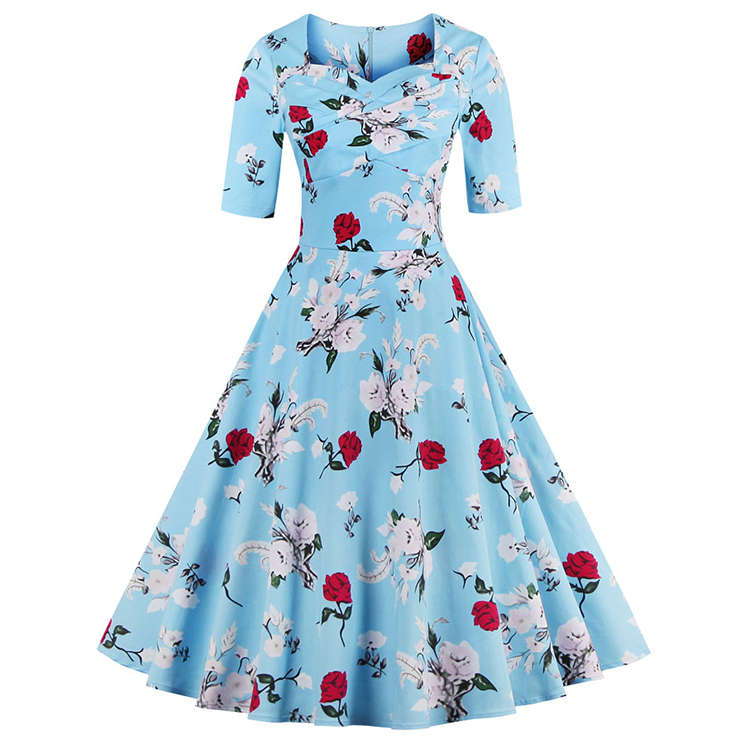 1950's Vintage Blue Short Sleeves Casual Cocktail Party Dress