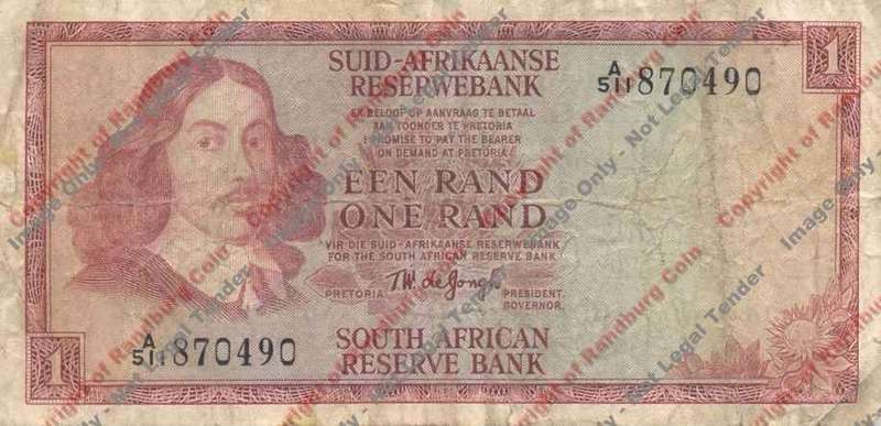 *#* TW de JONGH - 1st Issue - 1 Rand 1967 Afr/Eng- F -holes bottom edge *#*