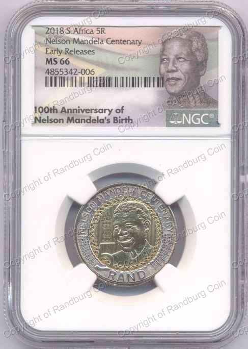 *#* 2018 MANDELA 100th Anniv of Birth - Bi-Metal R5 - NGC slab MS 66 *#*