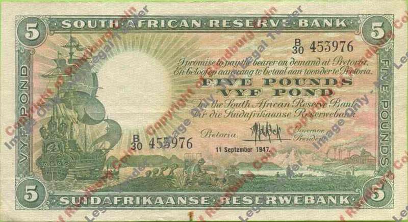 *#* MH DE KOCK - 1st Issue - Five Pound - F - Burn on bottom border *#*