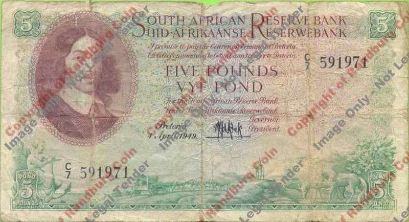 *#* MH DE KOCK - 2nd Issue - 1948/49 Five Pound VG - Eng/afr - Fold and edge tears *#*