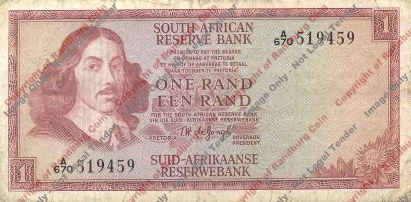 *#* TW de JONGH - 1st Issue - 1 Rand 1967 - Eng/Afr - F+  - Staple hole *#*