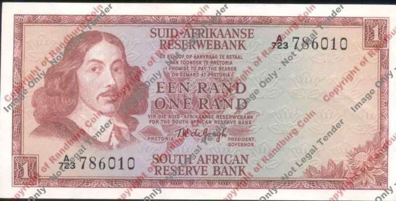 *#* TW de JONGH - 1st Issue - 1972 1 Rand - Afr/Eng - AU - gem clip mak on reverse *#*