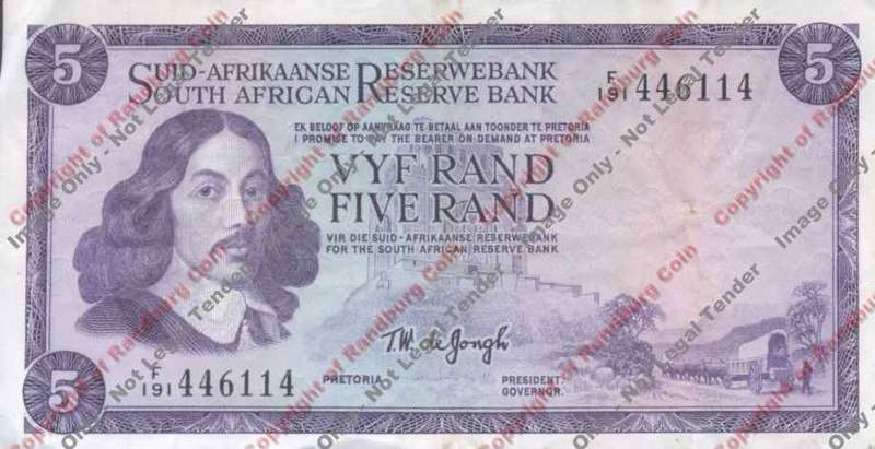 *#* TW de JONGH - 1st Issue - 5 Rand Afr/Eng - VF - slightly dirty *#*