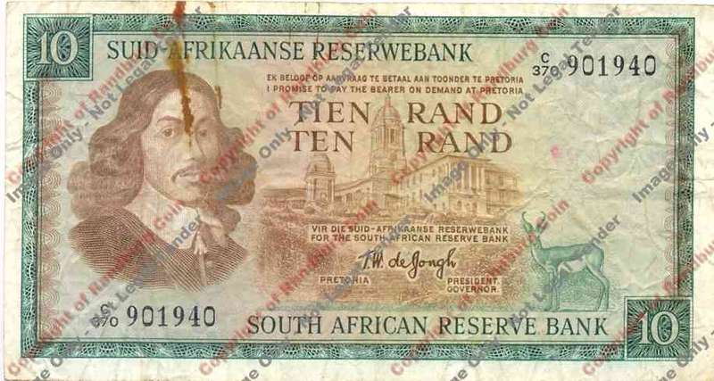 *#* TW de JONGH - 3rd Issue - 10 Rand Afr/Eng - F+ - Staple holes and edge tear *#*