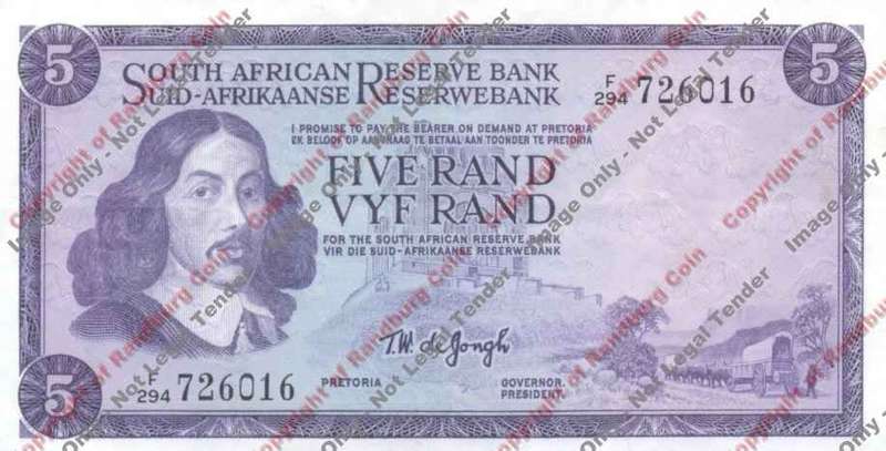 *#* TW de JONGH - 3rd Issue - 5 Rand - Eng/Afr - VF+ - staple holes *#*