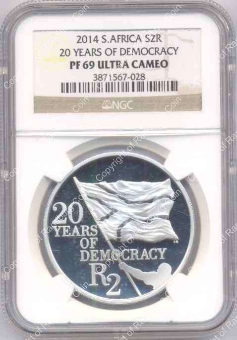 *#* 2014 Proof Silver 1oz Crown R2 20 Years of Democracy NGC Graded PF 69 ULTRA CAMEO *#*