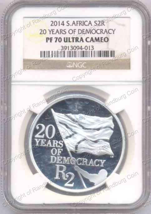 *#* 2014 Proof Silver 1oz Crown R2 20 Years of Democracy NGC Graded PF 70 ULTRA CAMEO *#*