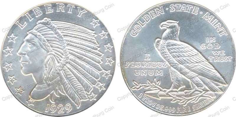 *#* USA 1929 Silver 1 oz Indian Head/Eagle Golden State Mint Medallion *#*