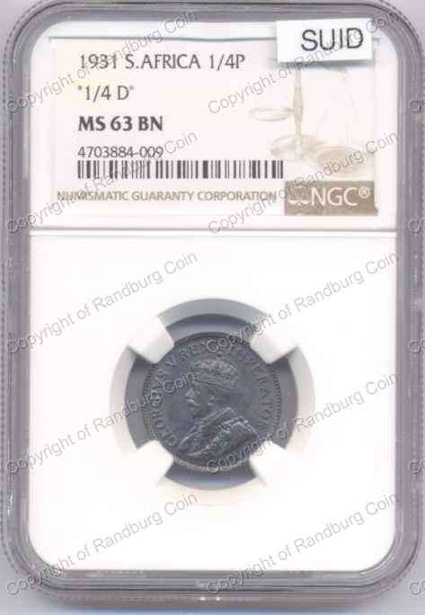 1931 South Africa Quarter Penny NGC Graded MS 63 BN