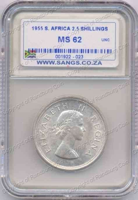 *#* 1955 SA SILVER HALF CROWN SANGS SLABBED MS 62 *#*