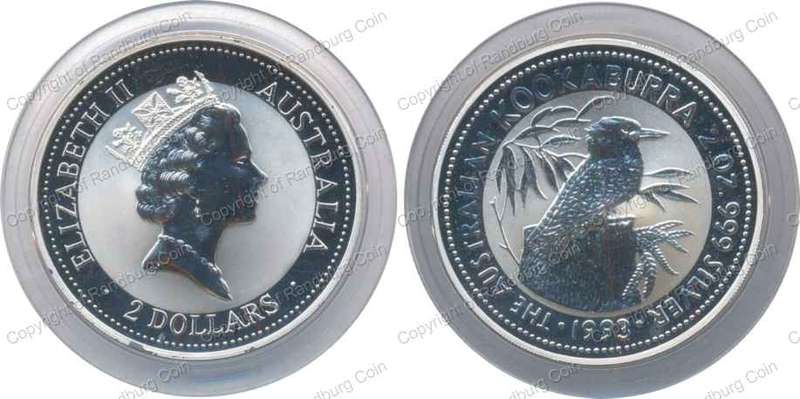 *#* Australia 1993P  - Silver 2 oz Unc 2 Dollars - Kookaburra in box with cert #*