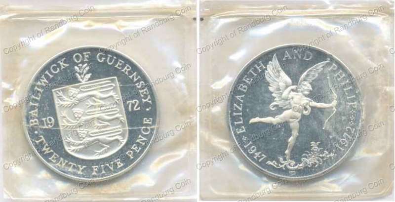 *#* Guernsey 1972 Proof Silver 25 Pence -Elizabeth and Phillip 25th Wedding Anniversary *#*