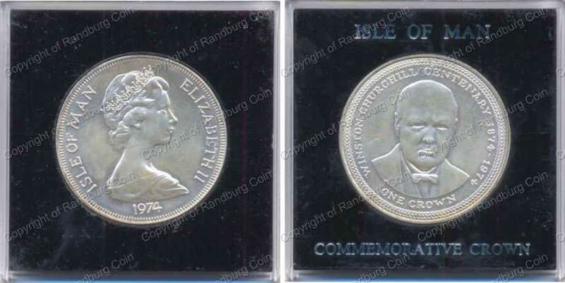 *#* Isle of Man 1974  Silver (Stg-28.28gr) Crown - Churchill Birth Centenary - in perspex holder *#*
