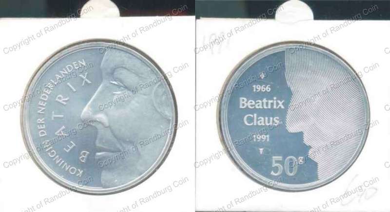 *#* Netherlands 1991 UNC Silver 50 Gulden - Silver Wedding Anniversary Beatrix and Claus *#*