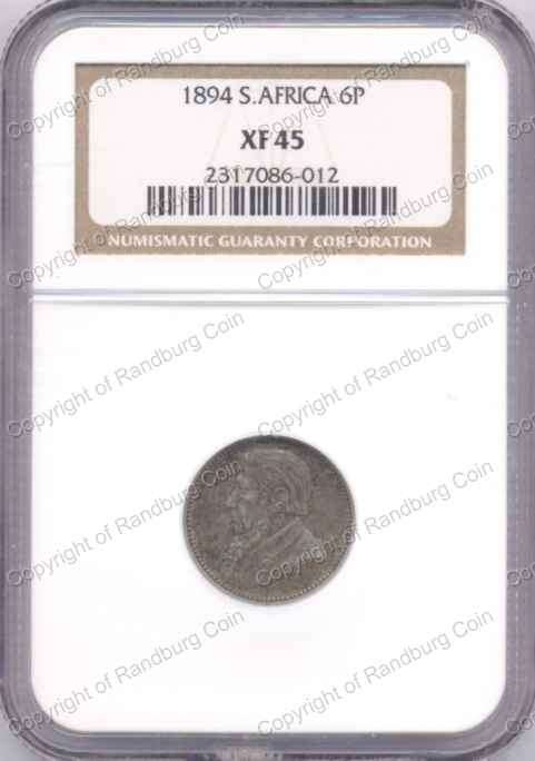 *#* 1894 ZAR SILVER SIXPENCE NGC SLABBED XF 45 *#*