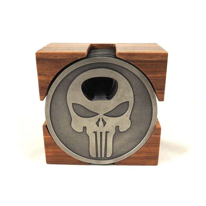 Set of 6 Metal Punisher Coasters with Bottle Opener & Holder