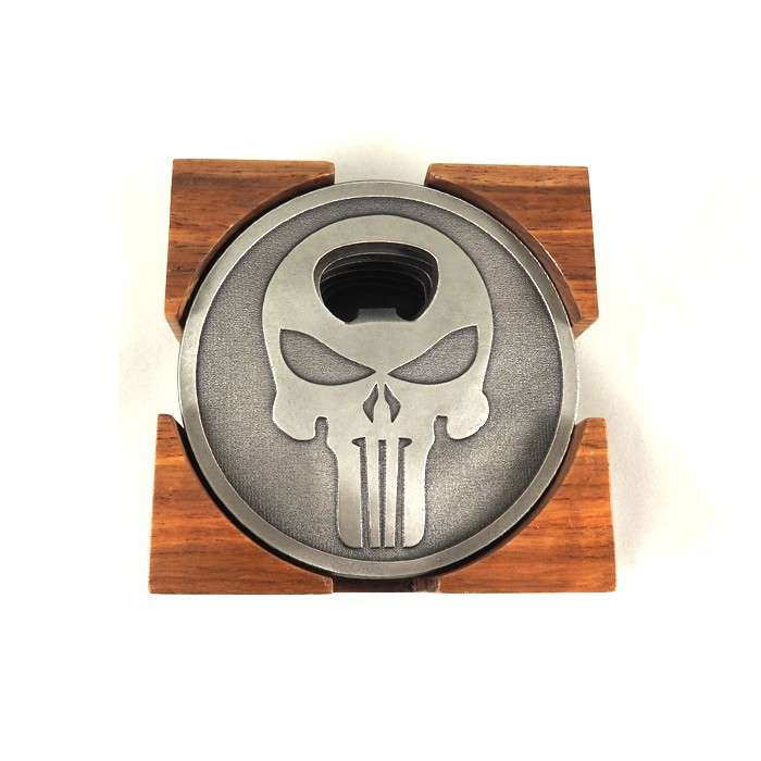 Set of 6 Metal Punisher Coasters with Bottle Opener & Holder