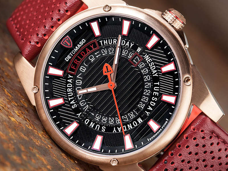 DETOMASO Men's Business Punk Rose Gold/Maroon Leather Watch BRAND NEW IN BOX