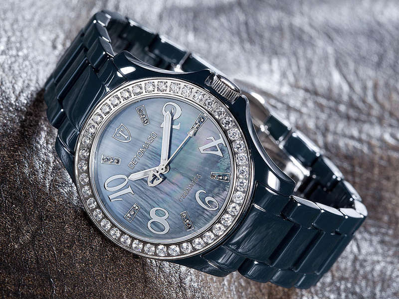 **Racy Luxury** DETOMASO ***Women's*** BLUE CERAMIC XL Dark Petrol Crystal Watch + Race Tin