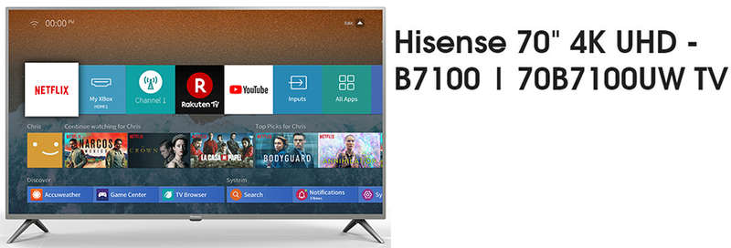 HiSense 70B7100UW Flat 70 inch Ultra High Definition (UHD) 4K Direct LED Smart TV with Built-in