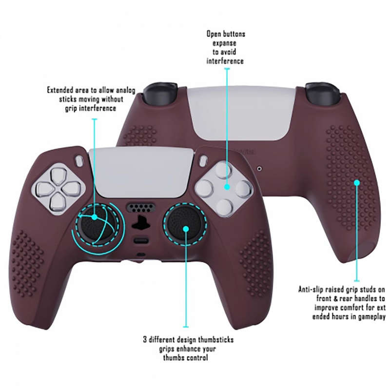 DS5 DUALSENSE CONTROLLER 3D STUD GRIP SILICONE GLOVE With 6 Black Joystick Caps Wine Red