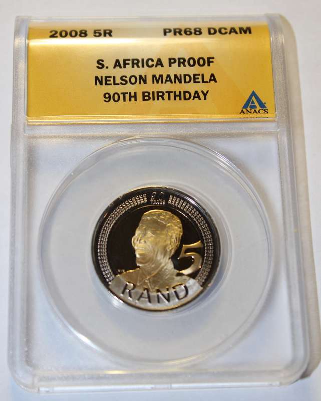 2008 5 RAND NELSON MANDELA 90TH BIRTHDAY ANACS GRADED PF68 DCAM