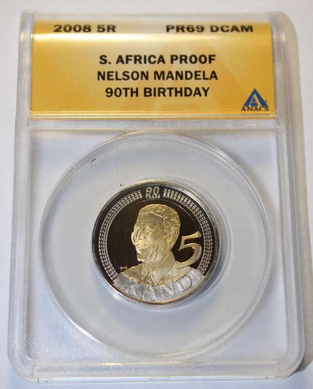 2008 5 RAND NELSON MANDELA 90TH BIRTHDAY ANACS GRADED PF69 DCAM