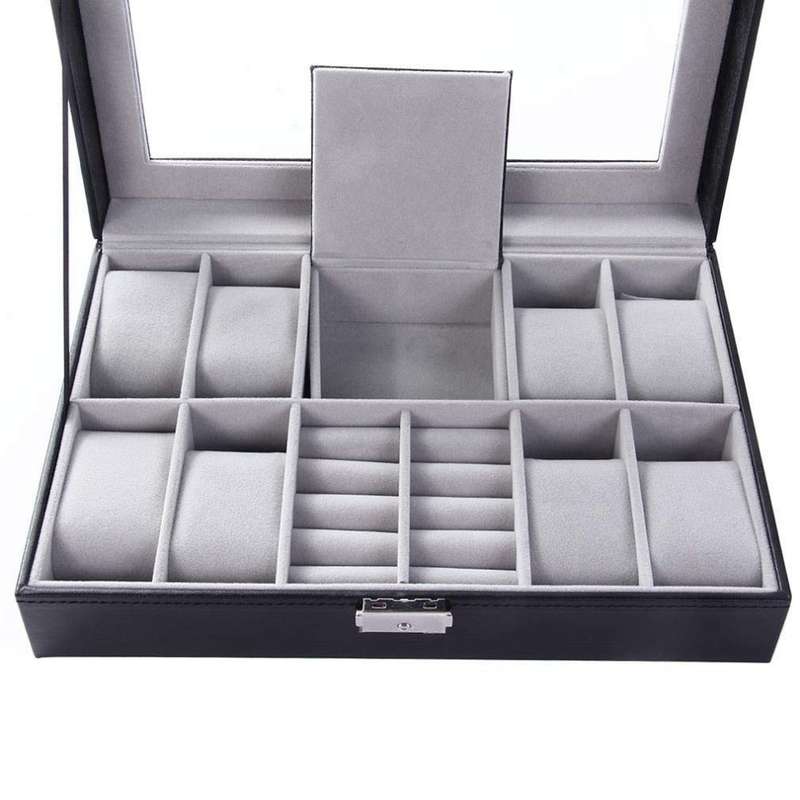 8 Watch Slot And 2 Ring Men''s/Women''s Leather Watch Box Organizer Case