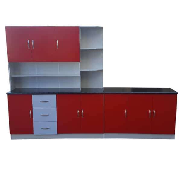 Set of Red Kitchen Cupboards - Assembled - 2.2m width - Black top