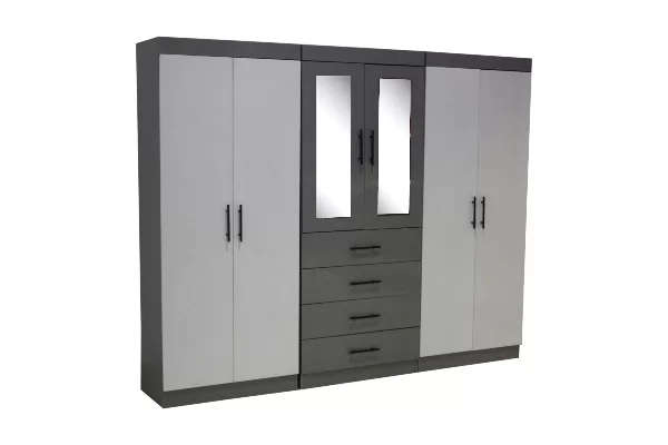 Double Wardrobe 6 doors - Grey and White - 2.7m - Assembled