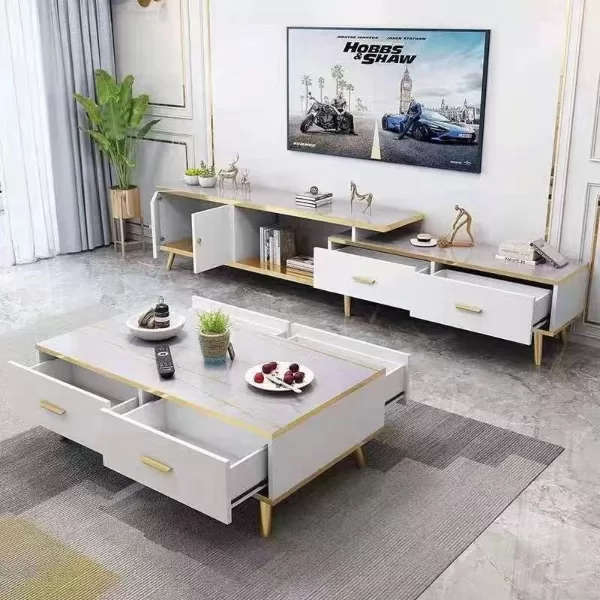 White Modern TV Stand - Extendable - Marble look - Assembled