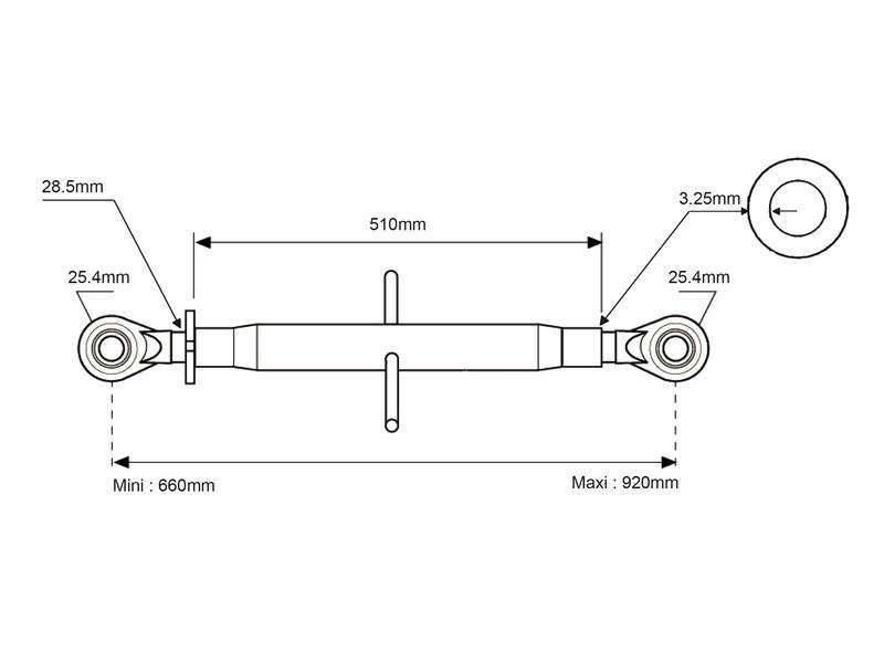 S.318 - Tractor Universal Top Link (Cat.2/2) Ball and Ball, 1 1/8'', Min. Length: 660mm. (Standar...