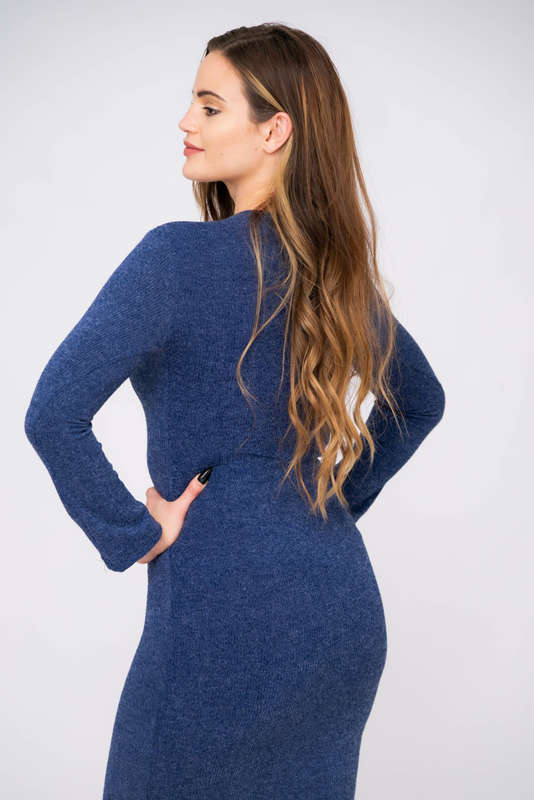 Italian Ribbed Bodycon Knitted Long Sleeve Short Dress Navy