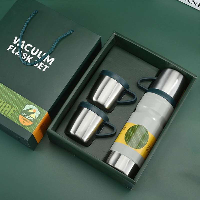 4 Piece Vacuum Thermos Insulated Stainless Steel Flask &amp; Cup Gift Set 750ml