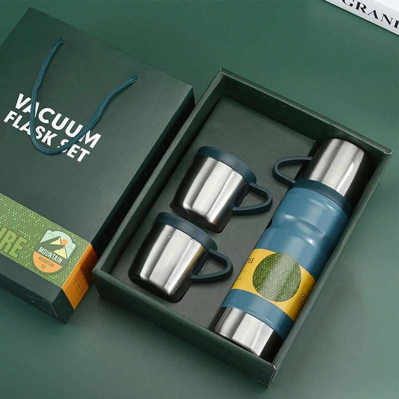 4 Piece Vacuum Thermos Insulated Stainless Steel Flask &amp; Cup Gift Set 750ml