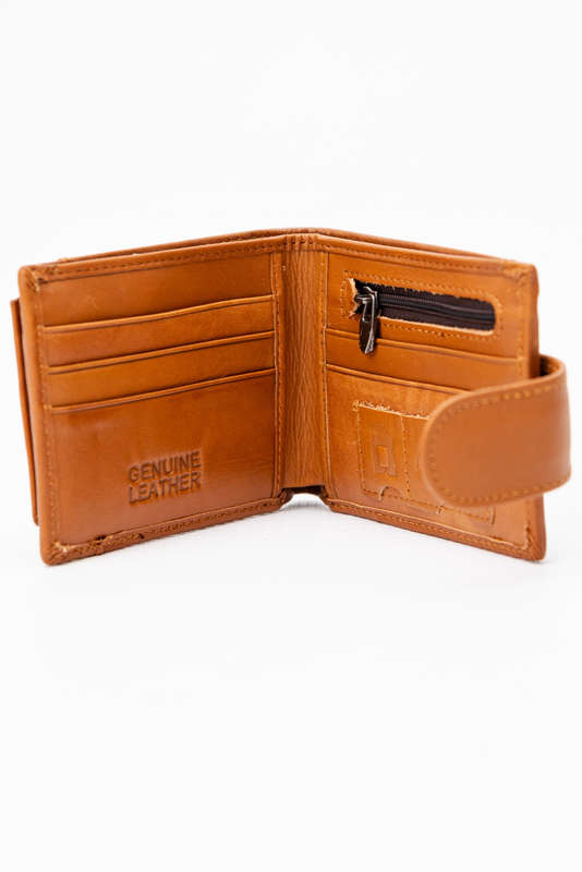 Camel Mountain Genuine Leather Bi Fold Stitch Detail Wallet with Coin Pouch Credit Card Holder Tan