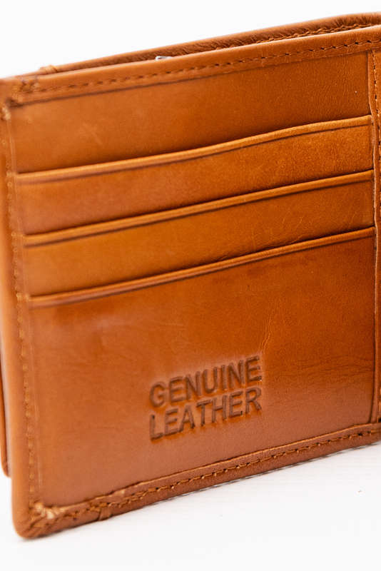 Camel Mountain Genuine Leather Bi Fold Stitch Detail Wallet with Coin Pouch Credit Card Holder Tan