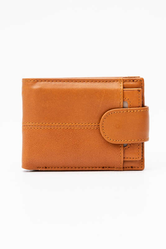 Camel Mountain Genuine Leather Bi Fold Stitch Detail Wallet with Coin Pouch Credit Card Holder Tan