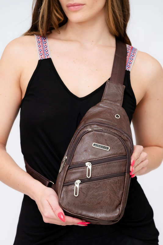 Crossbody Sling Bag Backpack Bag Brown PU Leather