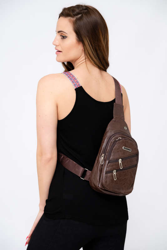 Crossbody Sling Bag Backpack Bag Brown PU Leather