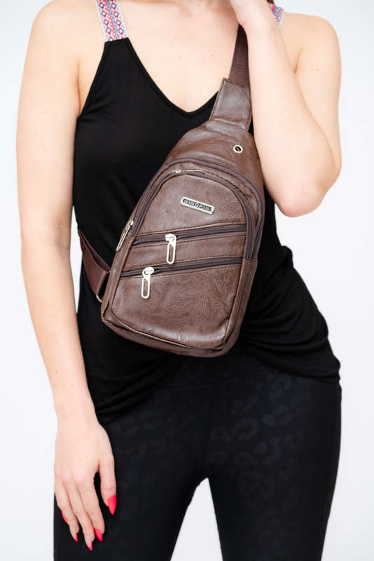 Crossbody Sling Bag Backpack Bag Brown PU Leather