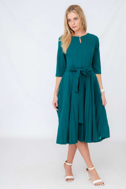 Elina Classic Belted Pleated Midi Dress Emerald