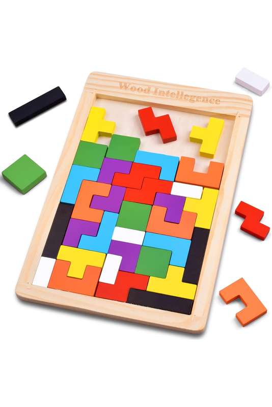 Kids Toy Educational 3D Geometric Wooden Tetris 40 Piece Jigsaw Puzzle