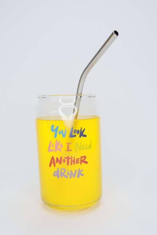 Printed Can Shaped Drinking Glass Tumblers With Stainless Steel Straw & Straw Brush 470ml